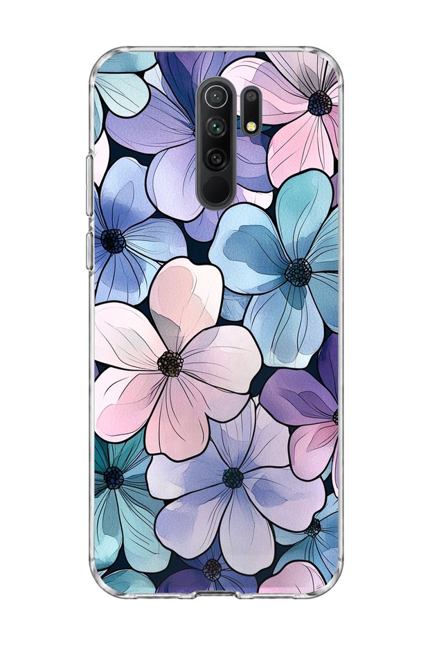 Redmi 9 Compatible Purple Blue Flower Printed Transparent Phone Case