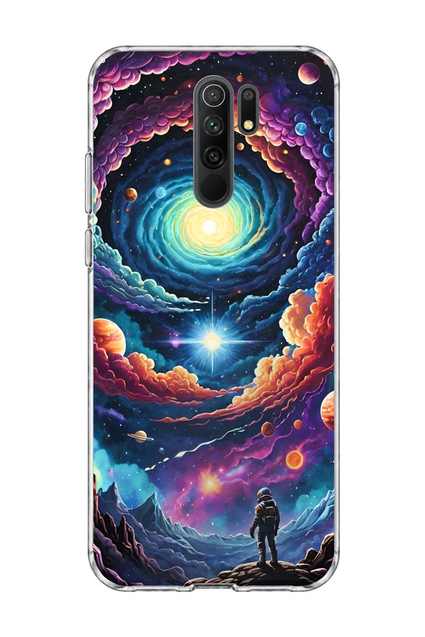 Redmi 9 Compatible Galaxy Swirl Astronaut Printed Transparent Phone Case