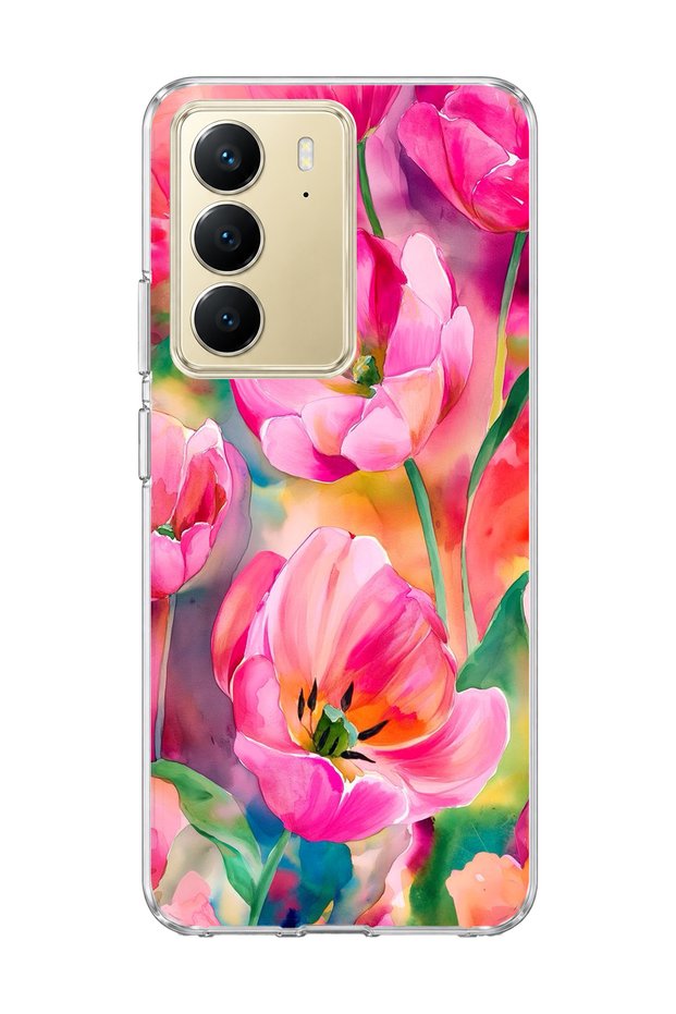 Realme C75 Compatible Pink Tulip Printed Transparent Phone Case