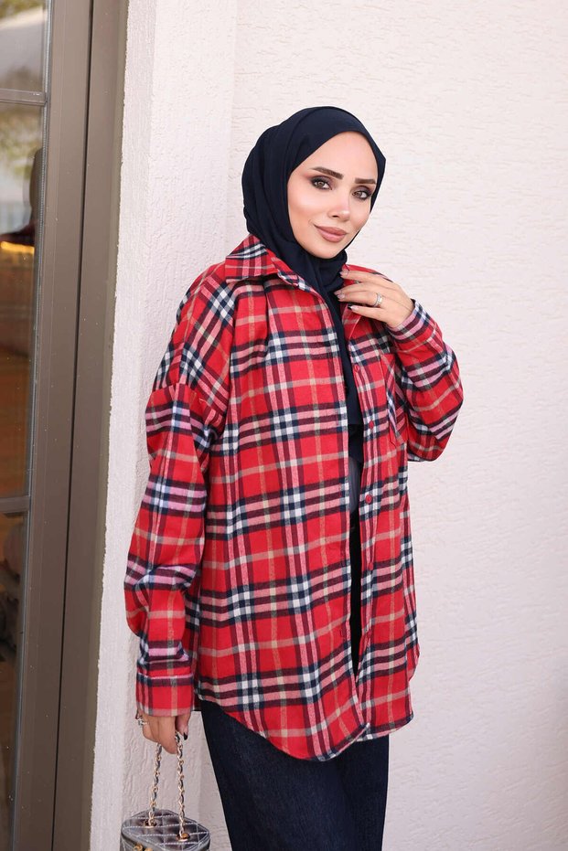 قميص أحمر منقوش بجيب واحد