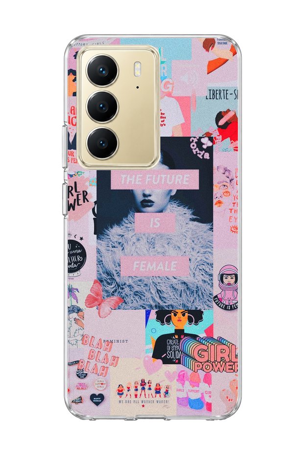 Realme C75 Compatible Women's Power Pink Collage Printed Transparent Phone Case