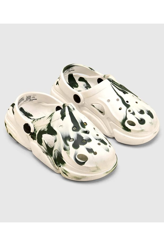 Back Strap Closure Abstract Printed Clogs - White & Green
