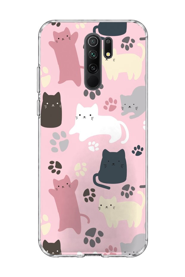 Redmi 9 Compatible Cat and Paw Pink Printed Transparent Phone Case