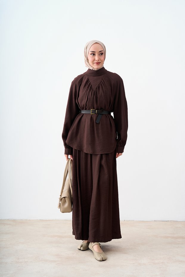 Women's Drawstring Detail Elastic Waist Suit Brown