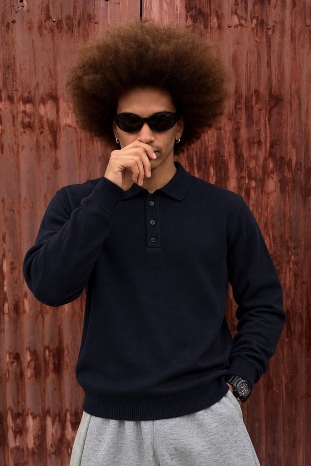 Men's Polo Collar Buttoned Casual Navy Blue Sweater