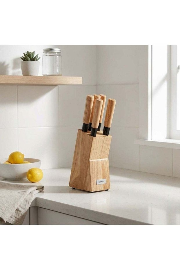 6-Piece Kitchen Knife Set with Wooden Block, Stainless Steel P