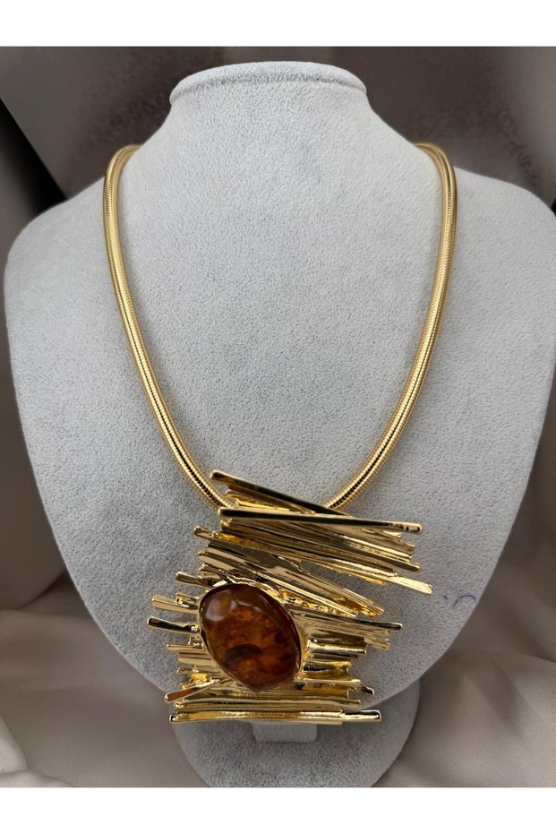 Snake Chain Brown Stone Detailed Geometric Bar Design Women's Necklace