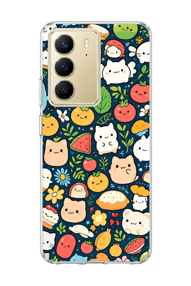 Realme C75 Compatible Cat Fruit Navy Blue Printed Transparent Phone Case