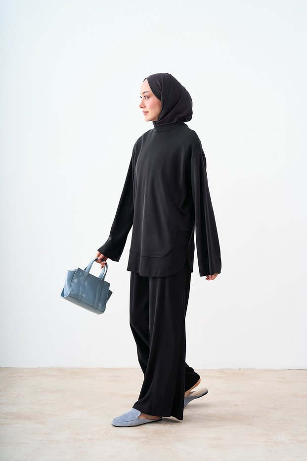 Women's Front Grass Detail Crew Neck Suit Smoked