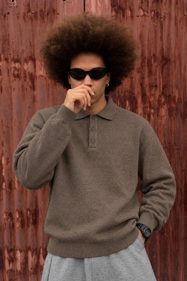 Men's Polo Collar Buttoned Casual Brown Sweater