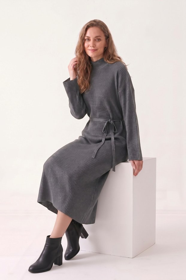 Women's Gray Belted Ribbed Midi Length Knitwear Dress