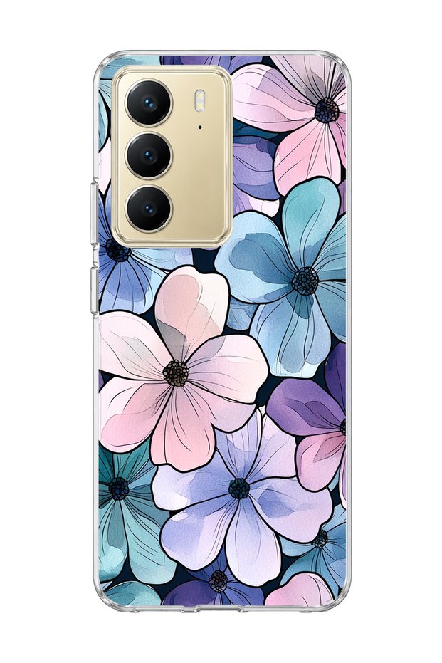 Realme C75 Compatible Purple Blue Floral Printed Transparent Phone Case
