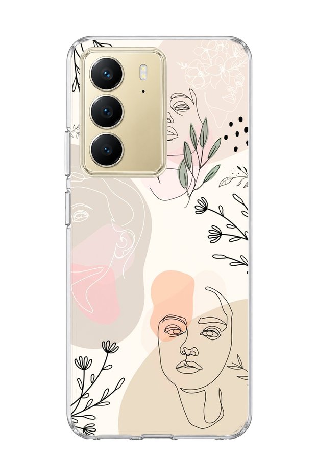 Realme C75 Compatible Line and Leaf Printed Transparent Phone Case