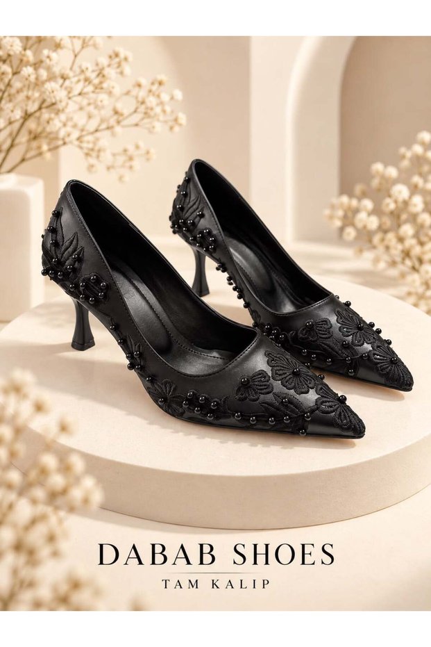 Vianel Women's Black Floral Embroidered Pearl Embellished Pointed Toe 7 cm Goblet Heeled Evening Dress Stiletto Shoes
