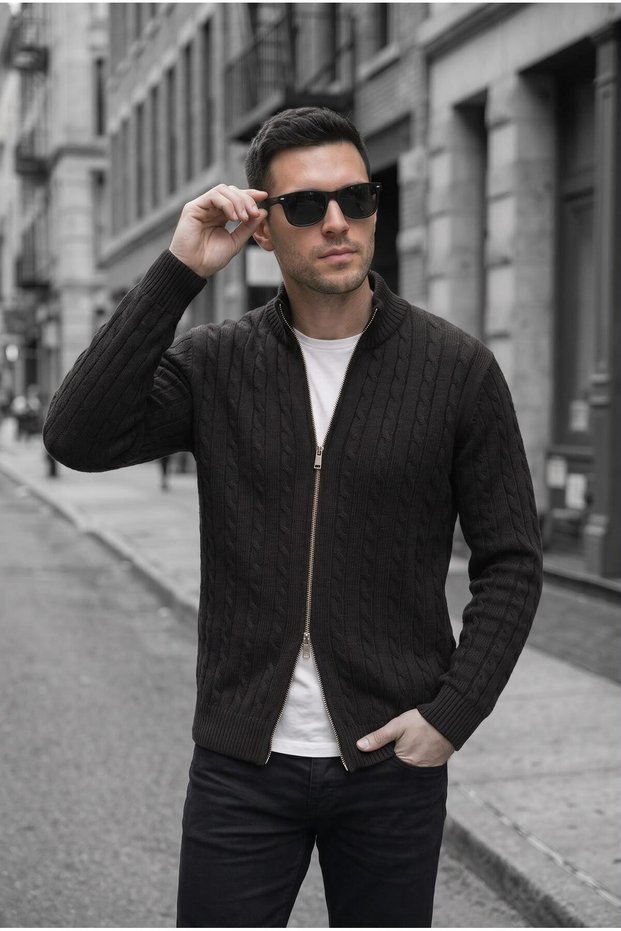 Mx Men's Stand Collar Reversible Zipper Hair Knit Sweater Cardigan - Slim Fit Textured Knitted Jacket