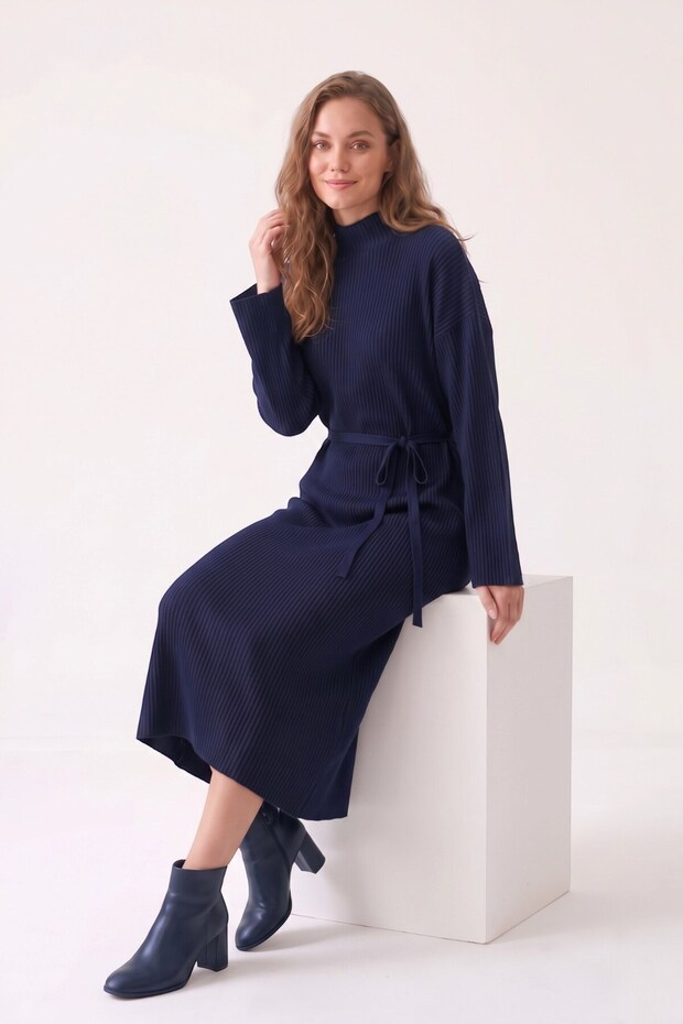 Women's Navy Blue Belted Ribbed Midi Length Knitwear Dress