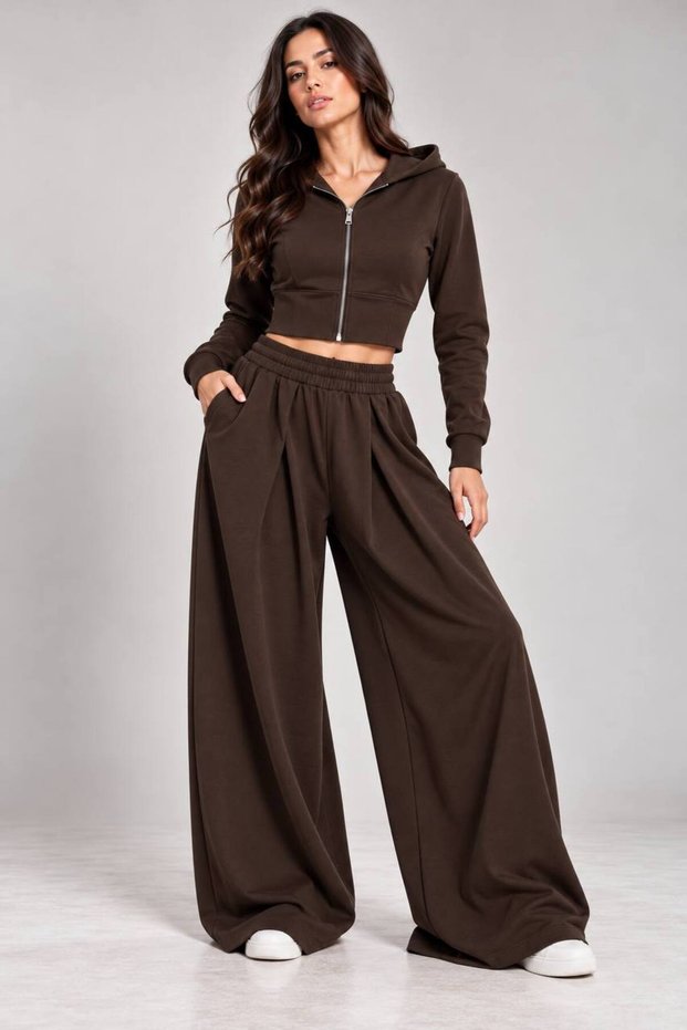 Hooded Zipper Crop Sweatshirt Wide Leg Pants Two-Piece Set