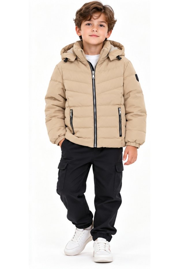 Boys/Girls Nova Fabric Inflatable Coat with Removable Hood, Plush Lining and Zipper Pockets, Beige Color