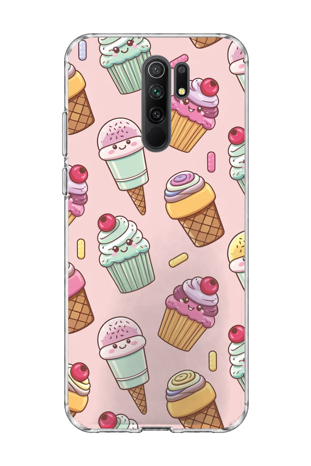 Redmi 9 Compatible Ice Cream Cake Pink Printed Transparent Phone Case