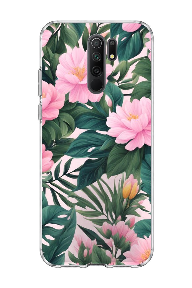 Redmi 9 Compatible Pink Flower Green Leaf Printed Transparent Phone Case