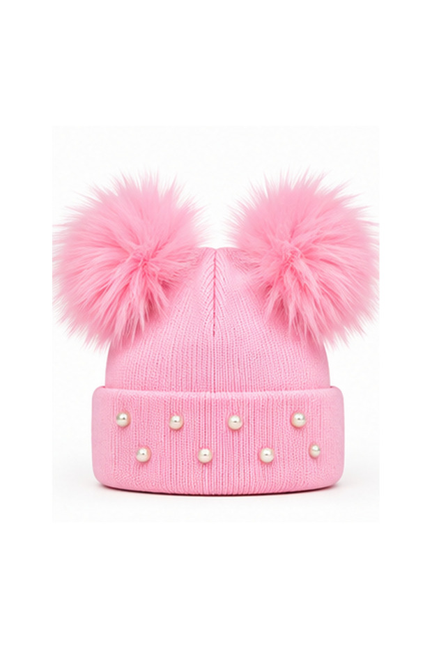 Girl's Pink Knitwear Beanie with Pearl Detail and Double Pompom