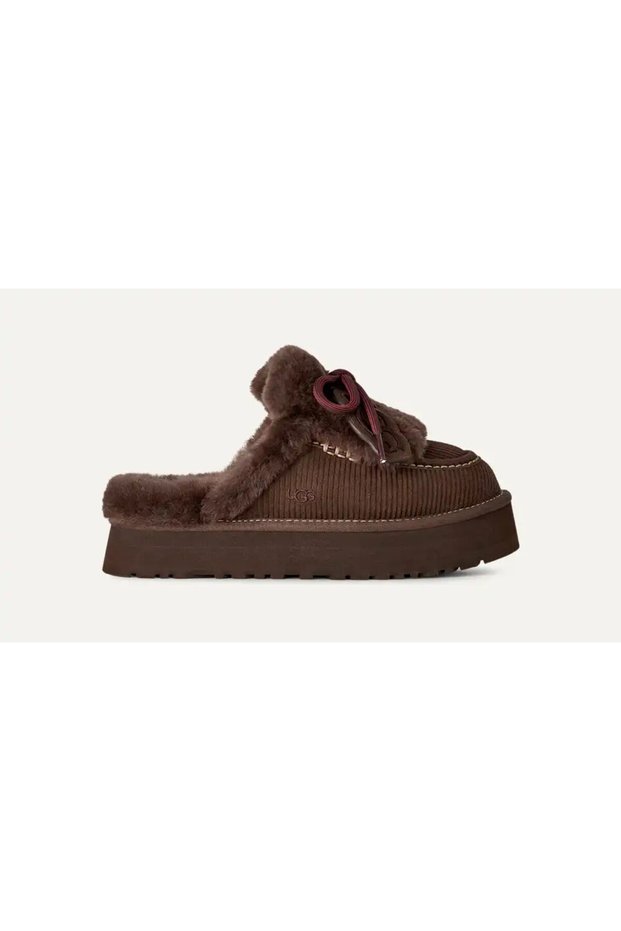 Women's Printed Suede Sheepskin Lined Decorative Lace-Up Platform Sole with Logo Charm Dark Brown B