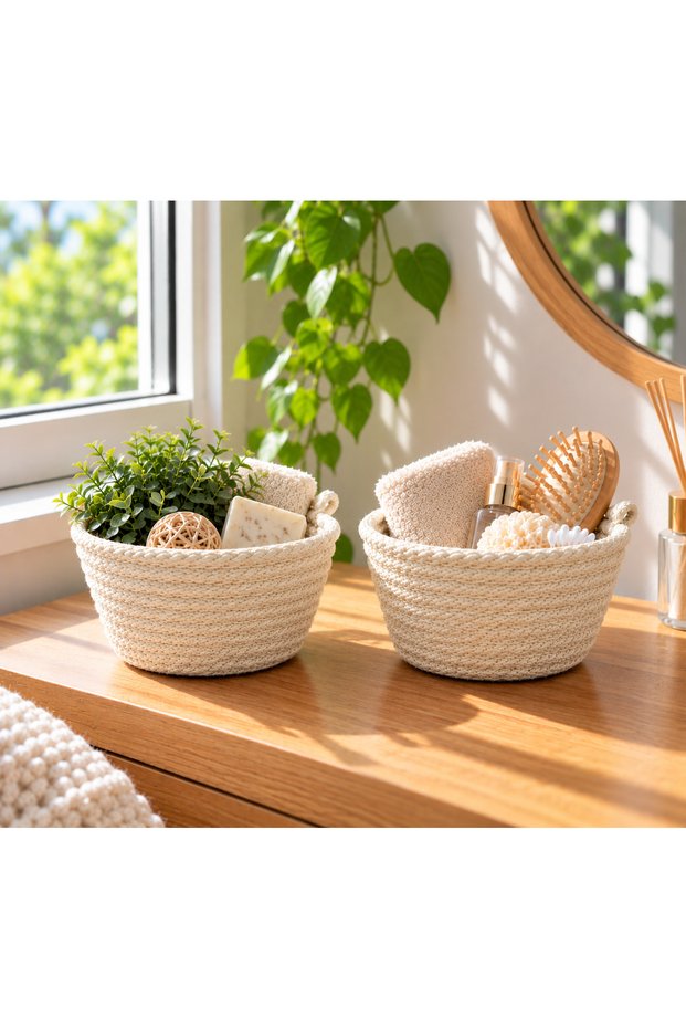 Handmade 12X6 cm Wicker Look Decorative Basket Set of 2, Multi-Purpose Mini Organizer for Bathroom and Home