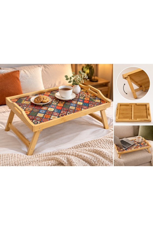 Ert-Bmb-209 Foldable Bamboo Serving Tray with Legs 50X30X26Cm