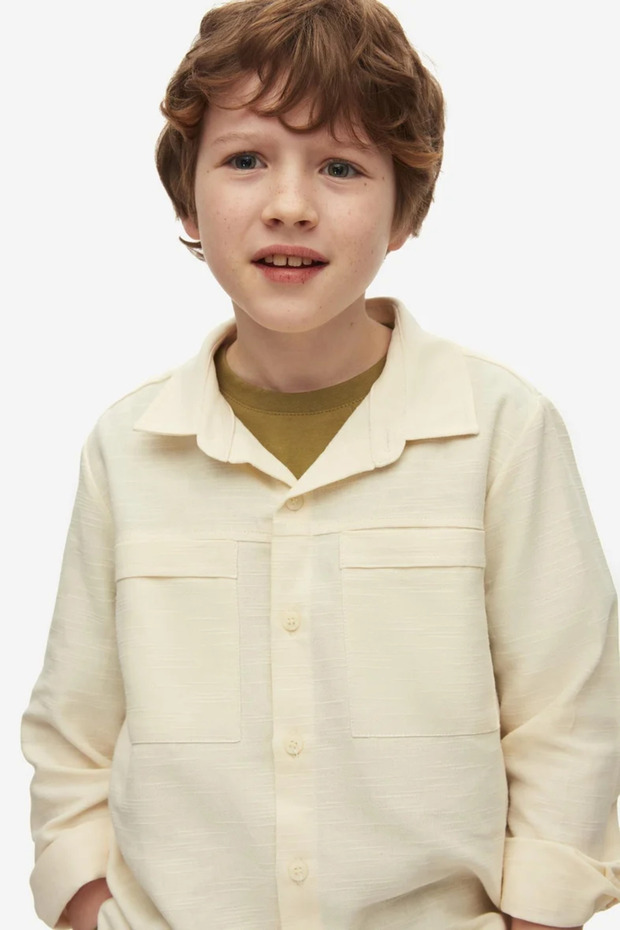 Boy's Cream Double Pocket 100% Cotton Linen Look Long Sleeve Shirt
