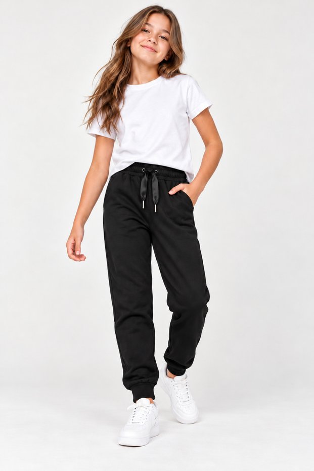 Kids Girls' Black 100% Cotton Satin Drawstring Jogger Sweatpants