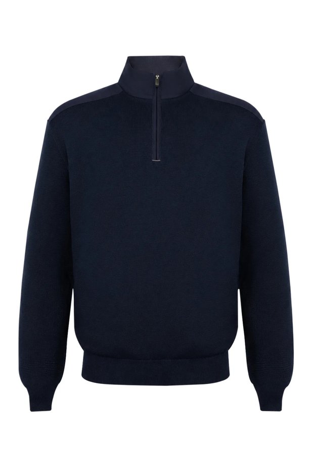 Men's Regular Fit Wool Half-Zip Silk Blend Ribbed Detailed Long Sleeve Navy Blue Sweater