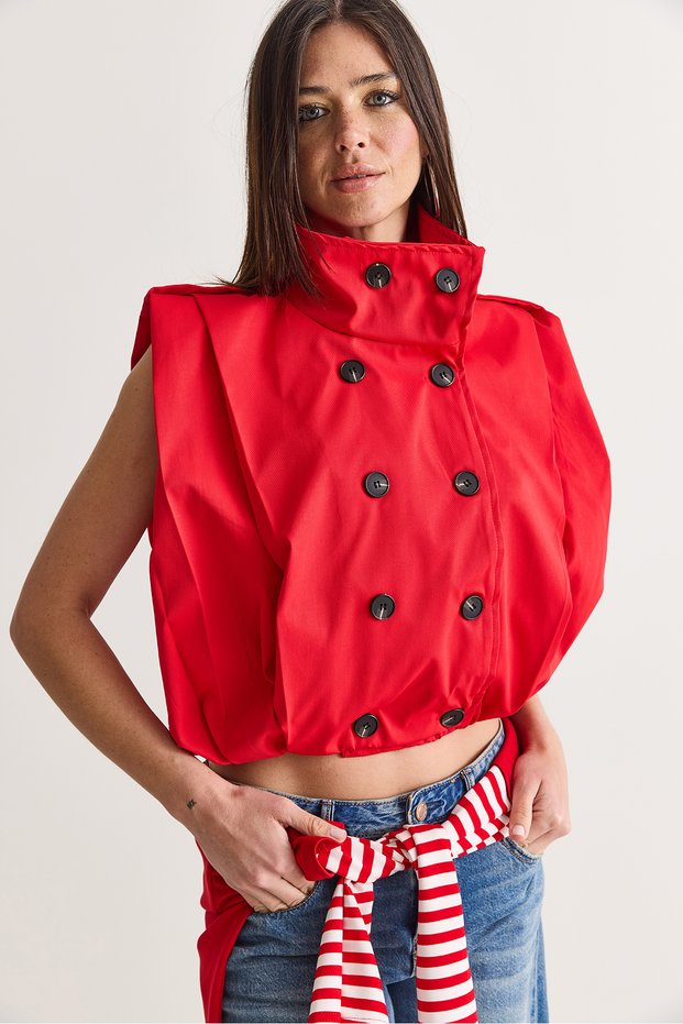 Women's Stand Collar Double Breasted Buttoned Epaulet and Pocket Detailed Sleeveless Balloon Vest 5672 60286666