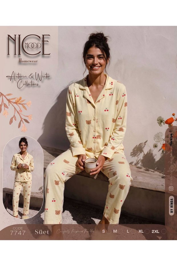 Soft Suede Fabric Shirt Collar Buttoned Long Sleeve Winter Pajama Set