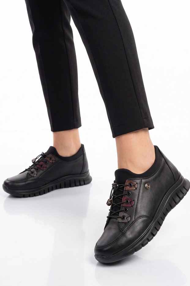 Orthopedic Comfortable Sole Rubber Laced Rubber Sole Black Genuine Leather Women's Casual Shoes 3660