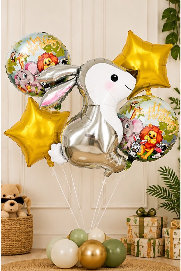 Set of 5 Silver Rabbit Balloons Foil Balloon Set