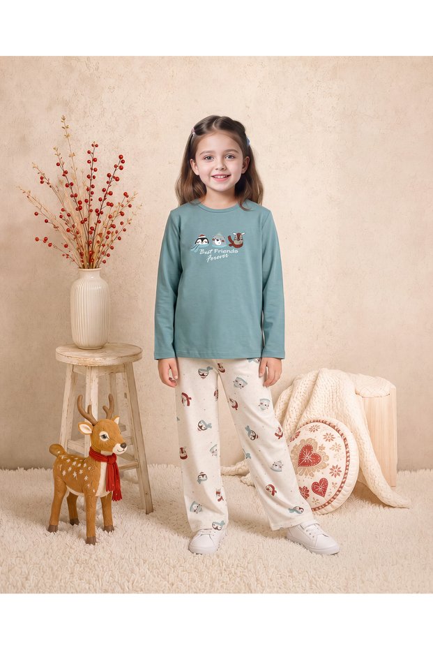 Girls & Baby Winter Seasonal 100% Cotton Single Jersey Penguin Printed Straight Leg Long Sleeve Home Wear Pajama Set Turquoise