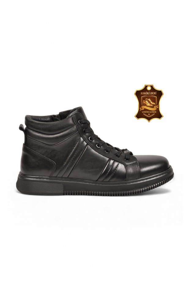 Zippered Lace-Up Rubber Sole Black Genuine Leather Men's Classic Boots Hz1388-2297