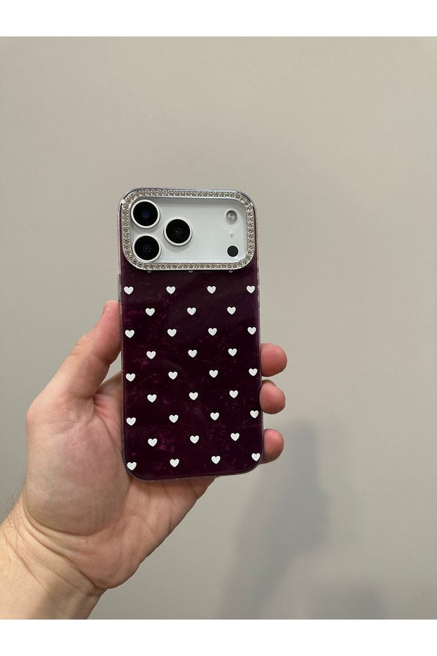 iPhone 18 Pro Compatible Case Sparkling Burgundy Pearlescent Tiny Heart Patterned Luxury Silicone Cover with Stone Camera Frame