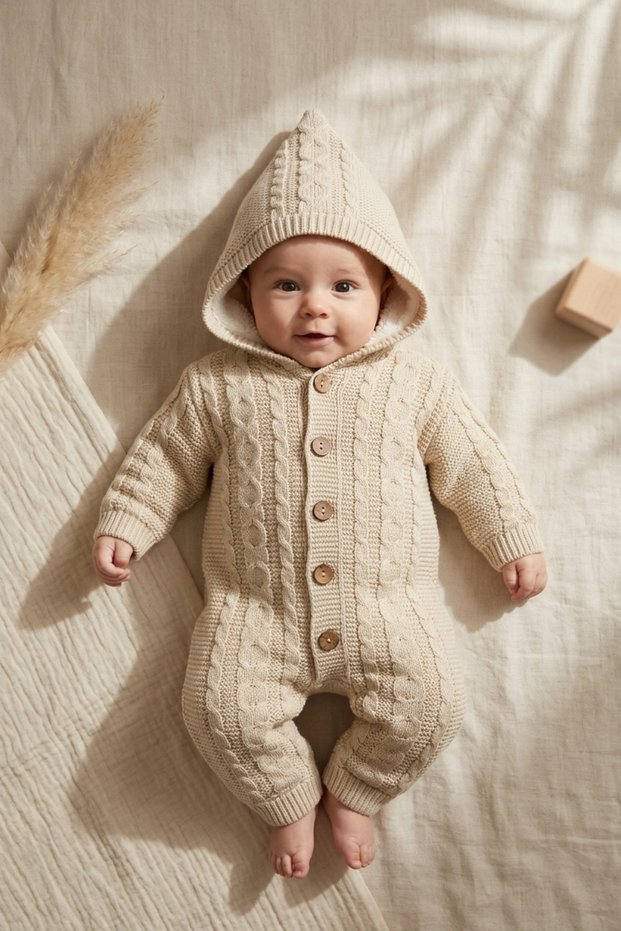 Lumi Soft Brown Furry Hair Knitted Patterned Hooded Baby Knitwear Jumpsuit - Winter with Natural Wooden Buttons