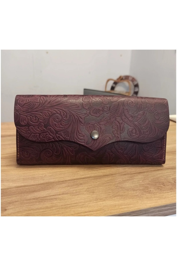 Genuine Leather Embossed Patterned Portfolio Wallet (Black, Tan, Khaki, Green, Red, Purple, Plum Brown)