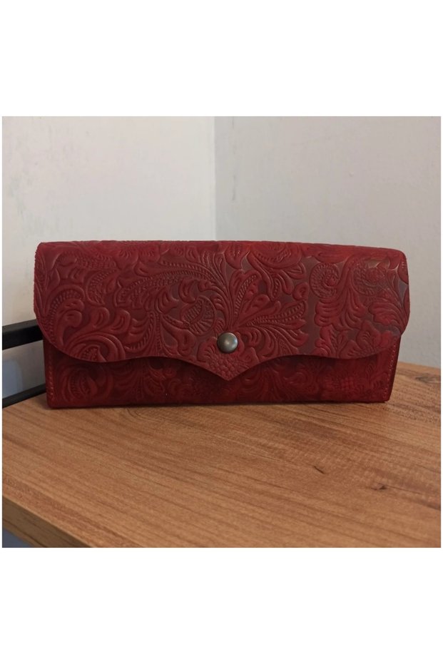 Genuine Leather Embossed Patterned Portfolio Wallet (Black, Tan, Khaki, Green, Red, Purple, Plum Brown)