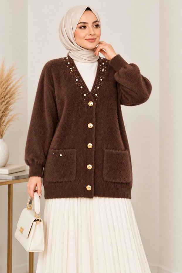 V-Neck Stone Embellished Thick Beard Angora Cardigan