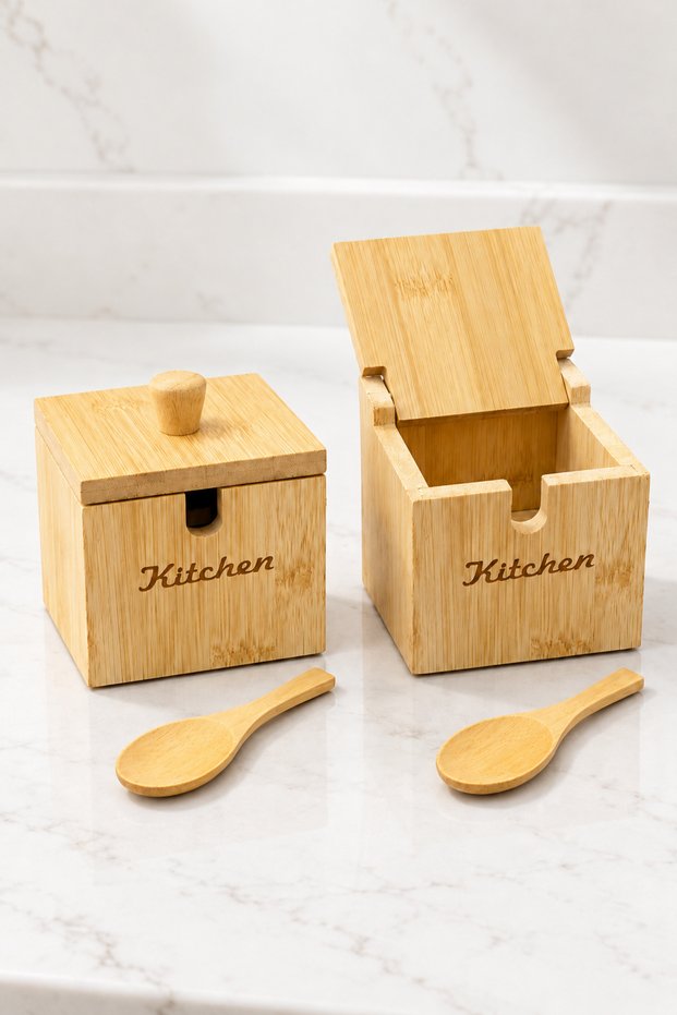 Cube Set of 2 Bamboo Spice Containers with Spoons – Salt and Pepper Shakers with Lids 8 × 8 × 8 cm