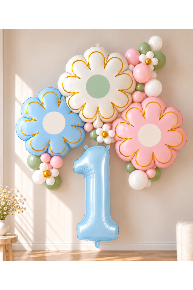 Party 1 Year Old Pastel Daisy Themed Birthday Balloon Set – Blue, Pink and Green, with 1-9 Number Foil Balloon Options