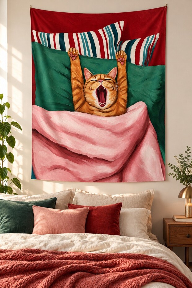 Cat Stretching on Bed Patterned Fun Modern Digital Printed Stain Resistant Washable Fabric Wall Covering Wall Tapestry Decorative Tapestry