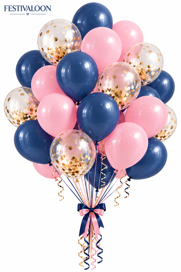 Stylish Concept 20-Piece Navy Blue Pink Transparent Balloon Set with Gold Confetti Birthday Party Event Decoration and Organization Balloon