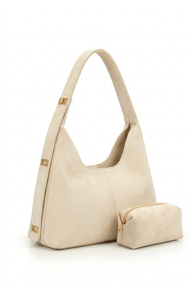 Women's Brown Suede Luxury Leather Shoulder Bag - Adjustable Lock Strap and Puppy Form