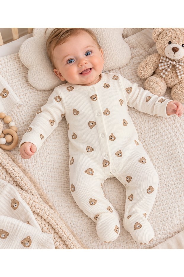 Teddy Bear Patterned Report Long Sleeve Overalls with Snap Fasteners and Booties - 100% Cotton