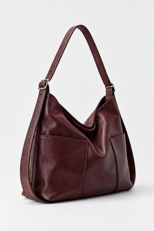 Women's Burgundy Color Leather Hobo Shoulder Bag - Oversized Shoulder Bag with Belt Strap and Double Pockets