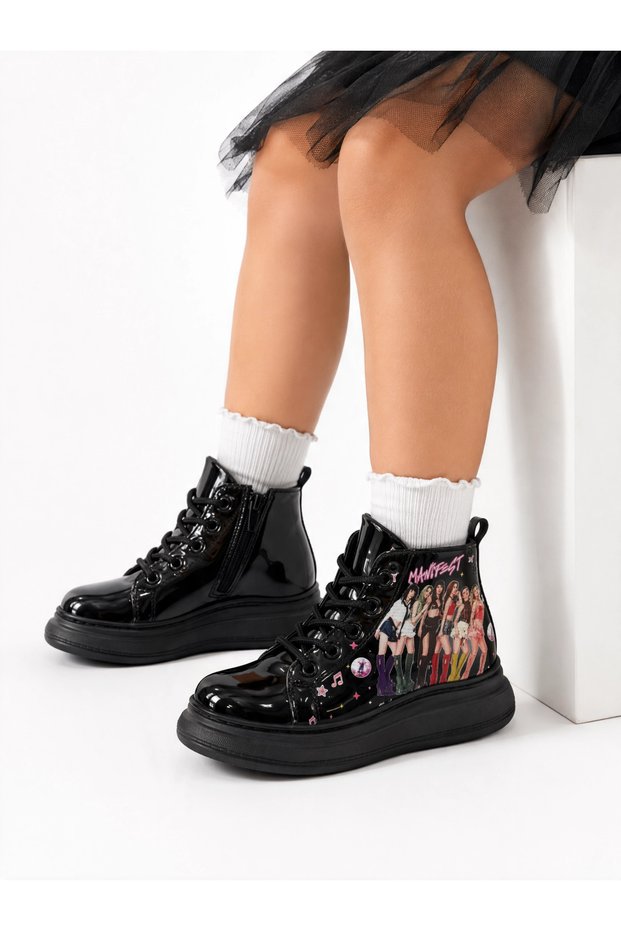 Manifest Printed Black Children's Boots with Lace-Up Zipper and Thick Sole Trendy Shoes